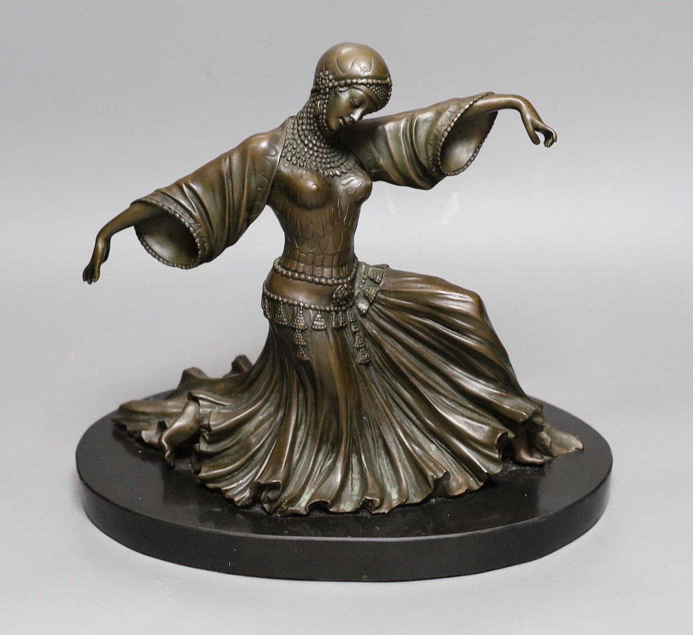 After Demétre Haralamb Chiparus (1886 – 1947), bronze of a female dancer, Talos Gallery tablet to reverse, 28cm